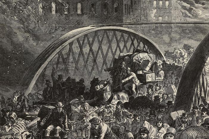 An engraving from the Illustrated London News in 1871 of the Randolph Street Bridge during the Great Chicago Fire.