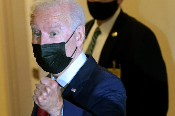 President Biden, after a meeting with the House Democratic caucus last week. Countering China is one of his top issues, but he hasn't said what he plans to do about Trump-era tariffs yet.