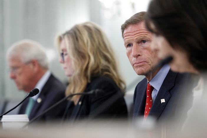 Sen. Richard Blumenthal, D-Conn., (second from right) looks on as Facebook's global head of safety, Antigone Davis, testifies remotely on Thursday at a Senate subcommittee hearing to examine protection of children online, focusing on Facebook, Instagram and mental health.