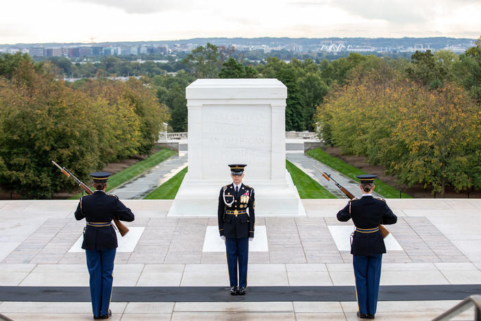 The first all-female guard change takes place at the Tomb of the Unknown Soldier in Arlington National Cemetery.