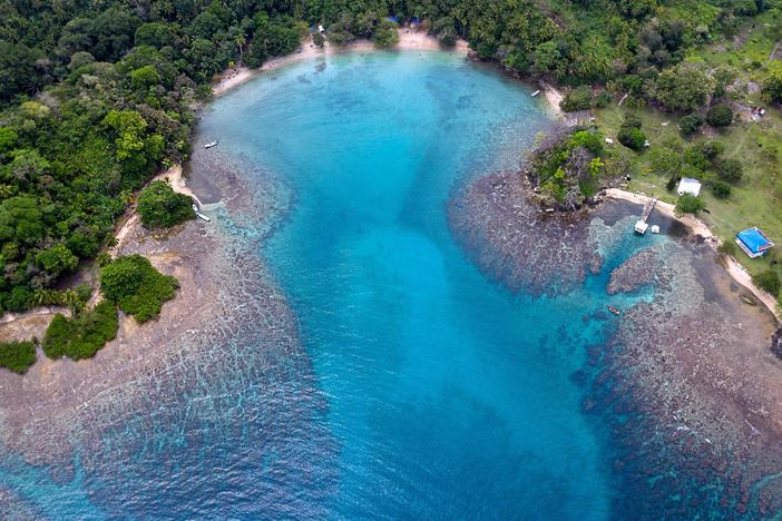 Aerial view of a coral reef area at Playa Blanca, in Portobelo, Colon province, Panama, on April 16, 2021. A massive new report shows that the world's coral reefs are under stress, but could recover if greenhouse gas emissions are significantly reduced.