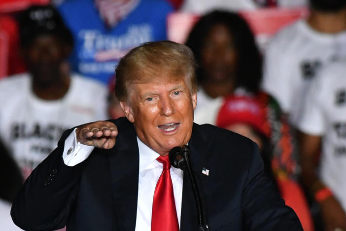 Former President Donald Trump holds a Save America rally in Perry, Ga., in September. Trump is unlikely to take falling off the Forbes 400 wealthiest Americans in stride.