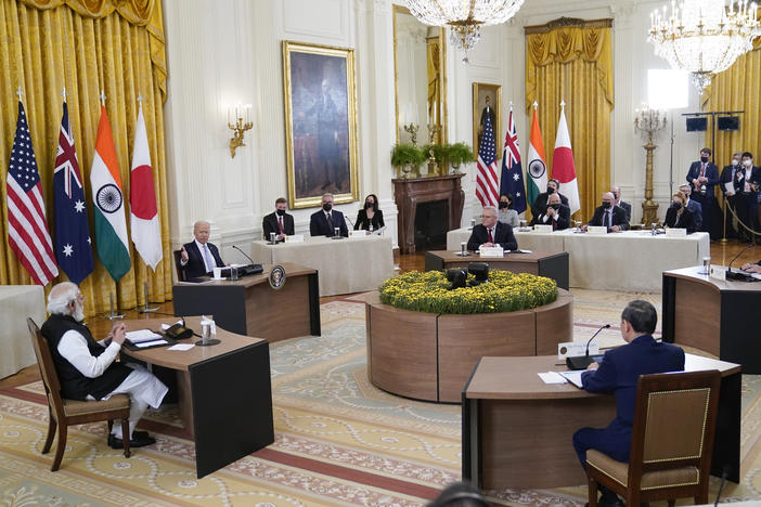 President Biden speaks during a Sept. 24 summit at the White House that included (clockwise from left) Indian Prime Minister Narendra Modi, Biden, Australian Prime Minister Scott Morrison, U.S. Secretary of State Antony Blinken and Yoshihide Suga, Japan's prime minister at the time.