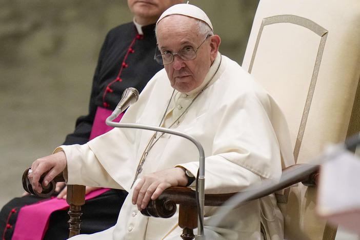 Pope Francis listens to speeches during his weekly general audience in the Pope Paul VI hall at the Vatican, Wednesday, Oct. 6, 2021.