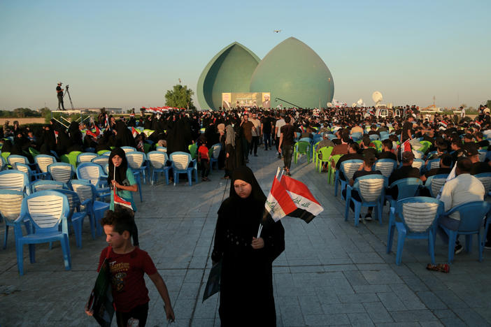 Supporters of Iraq's Al-Fateh Alliance at a rally in Baghdad on Thursday ahead of Sunday's parliamentary elections.