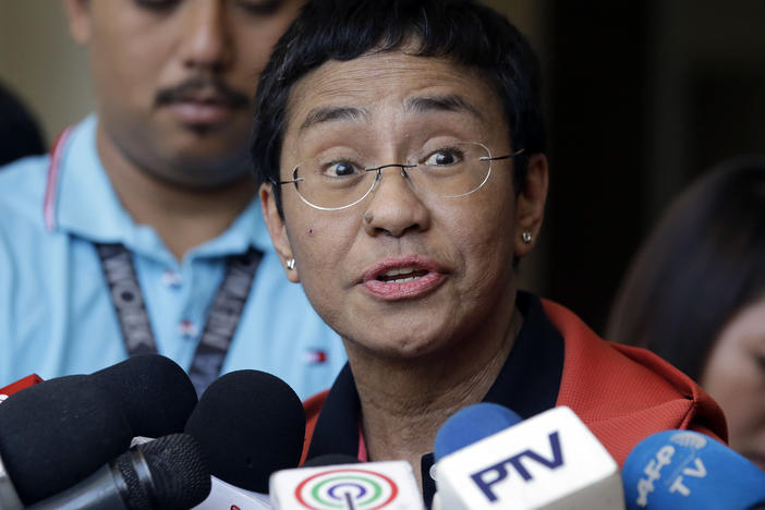 Journalist Maria Ressa talks to reporters on March 29, 2019, after posting bail at a trial court in Metro Manila, Philippines. This Friday, the 2021 Nobel Peace Prize was awarded to Ressa and journalist Dmitry Muratov for the fight for freedom of expression in the Philippines and in Russia.
