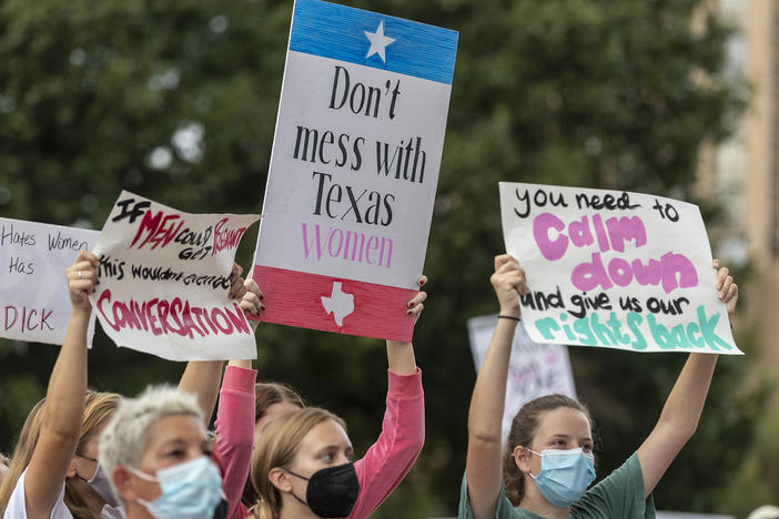 People take part in the Women's March ATX rally in reaction to the controversial ban earlier this month at the Texas State Capitol in Austin.