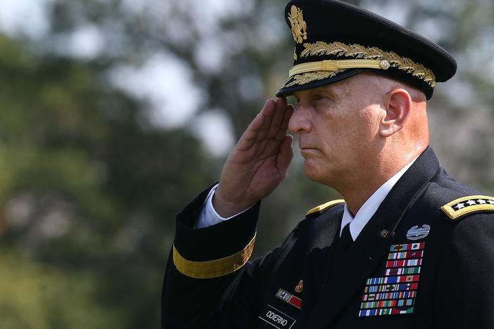 Ray Odierno salutes during his retirement ceremony at Joint Base Myer-Henderson, August 14, 2015 in Arlington, Va. Odierno, who was the Army's 38th Chief of Staff, died on Friday, his family said.
