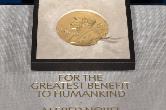 Displayed is a file photo of a Nobel Prize medal on Dec. 8, 2020. The Nobel Prize in economic sciences was awarded to three U.S-based professors for their pioneering work with "natural experiments."