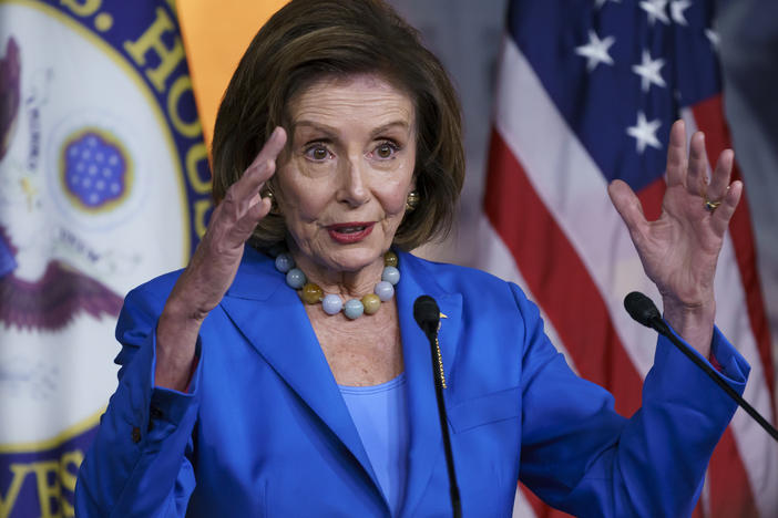 House Speaker Nancy Pelosi, D-Calif., speaks during a news conference at the Capitol on  Tuesday.