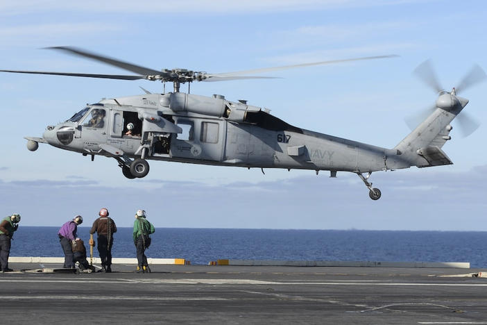 The remains of five people and the wreckage of a U.S. Navy helicopter that crashed in the Pacific Ocean off California have been recovered, the Navy said in a statement on Tuesday. An MH-60S helicopter, similar the one pictured, and five crew members were recovered from a depth of about 5,300 feet below the surface of the ocean off the coast of San Diego on Friday.