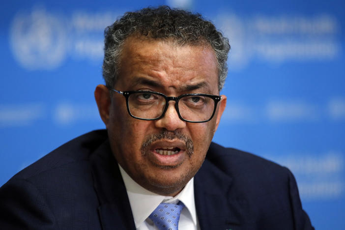 Tedros Adhanom Ghebreyesus, director general of the World Health Organization (WHO), speaks during a news conference on the COVID-19 coronavirus outbreak in Geneva, in March 2020.