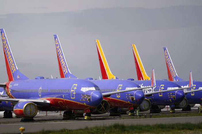 A line of Southwest Air Boeing 737 jets are parked earlier this year in Everett, Wash.