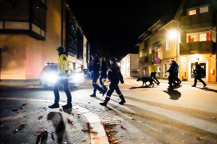 Police officers investigate a scene in Kongsberg, Norway, after a man armed with a bow killed several people before he was arrested Wednesday.