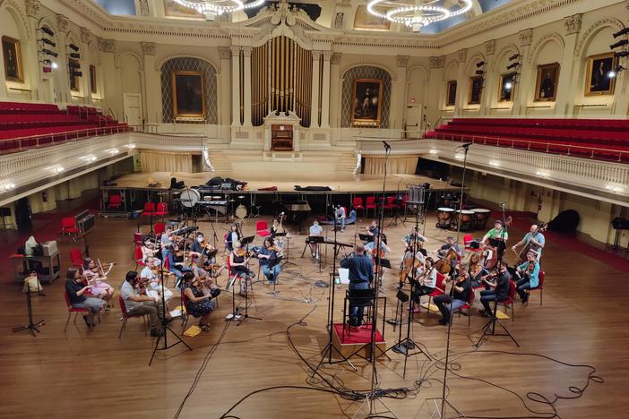 Gil Rose and Boston Modern Orchestra Project recording in Mechanics Hall, Worcester, Mass.