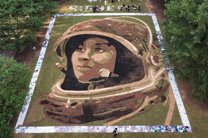 Artist Stan Herd's portrait of NASA astronaut Stephanie Wilson on display in Atlanta is 70 feet by 90 feet.