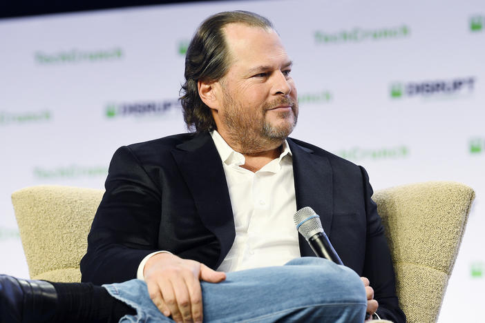 Salesforce CEO Marc Benioff speaks onstage during the TechCrunch Disrupt San Francisco event in San Francisco on Oct. 3, 2019. Benioff is a proponent of stakeholder capitalism, the belief that companies must look out for the broader good.