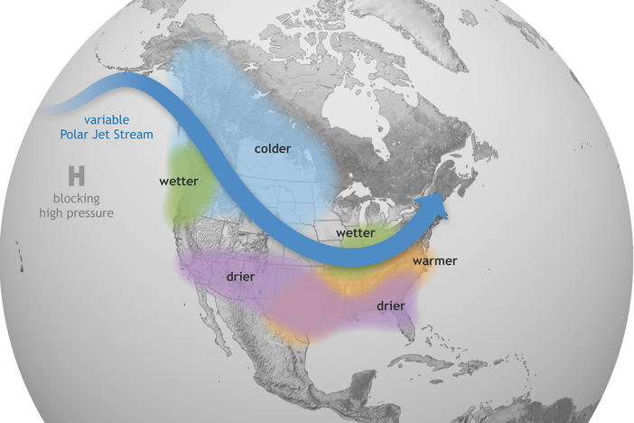 This Climate.gov graphic shows how La Niña generally affects weather conditions in the United States. Forecasters say there's a nearly 90% chance that La Niña conditions will be in place from December 2021 to February 2022.