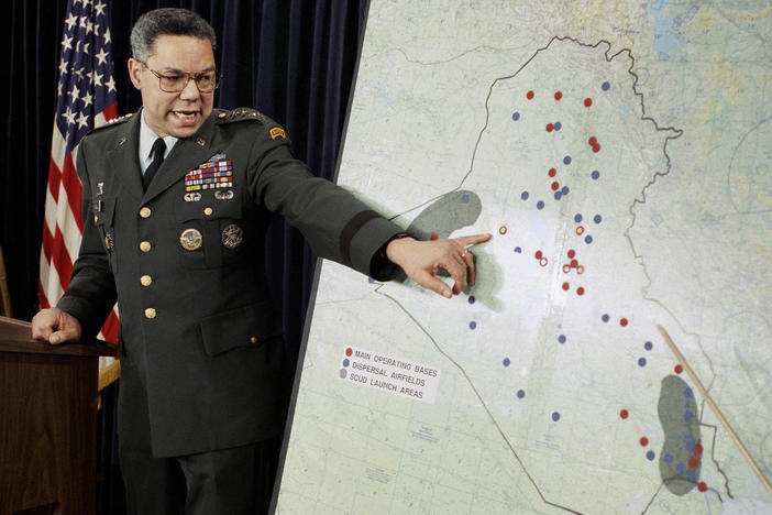 Chairman of the Joint Chiefs of Staff Colin Powell points to Iraqi airbases at a Pentagon briefing on Jan. 23, 1991. Powell became a household name during the first Gulf War.