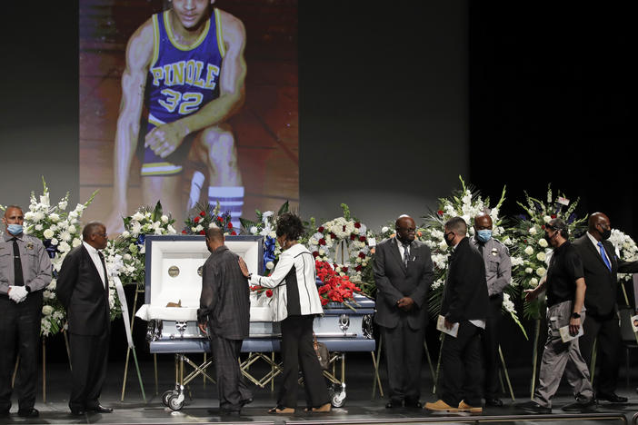 Mourners view the body of Federal Protective Services Officer Dave Patrick Underwood after a memorial service in June 2020. Underwood was fatally shot as he was guarding a federal building in Oakland, Calif., amid George Floyd-related protests.