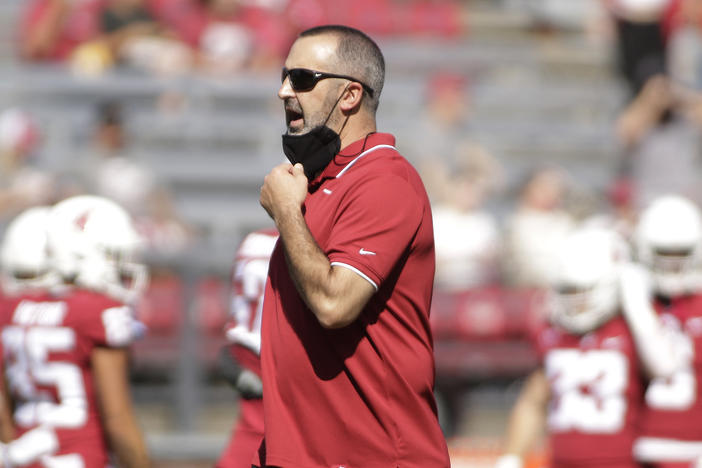 Washington State University head coach Nick Rolovich speaks to his players before an NCAA college football game against Portland State on Sept. 11 in Pullman, Wash.