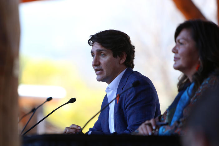 Canadian Prime Minister Justin Trudeau makes a speech during his visit to Tk'emlups the Secwepemc First Nation in Kamloops, British Columbia, Canada on Monday.