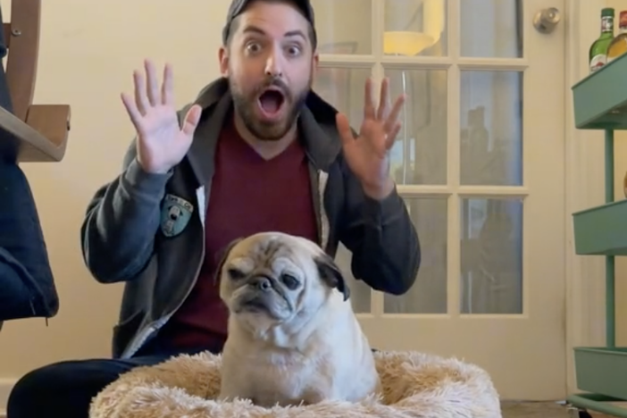 Jonathan Graziano with his pug, Noodle. The two have taken to forecasting the mood of the day based on whether Noodle stands up or flops down in bed.