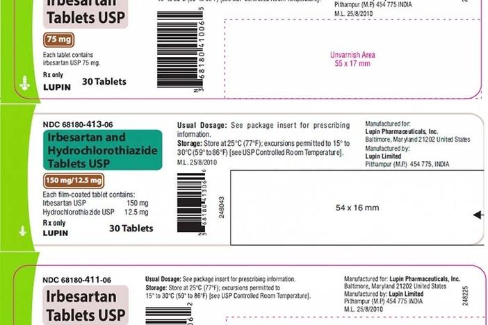 The FDA has released sample labels of some of the two recalled blood pressure medications — various dosages of irbesartan tablets and irbesartan and hydrochlorothiazide tablets.