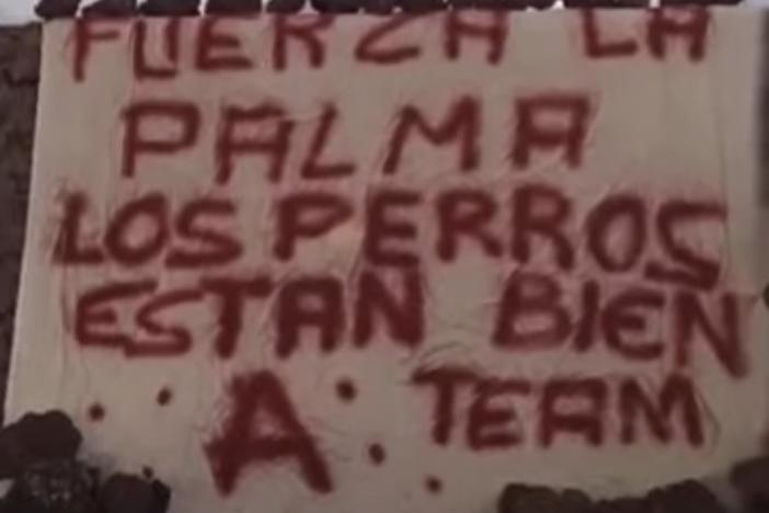 Drone operators were hoping to find dogs that needed to be rescued from a lava zone on the island of La Palma, Spain. Instead, they found a spray-painted banner that said "The dogs are fine" and was signed "A Team." This still image is from a video sent by the anonymous rescuers.