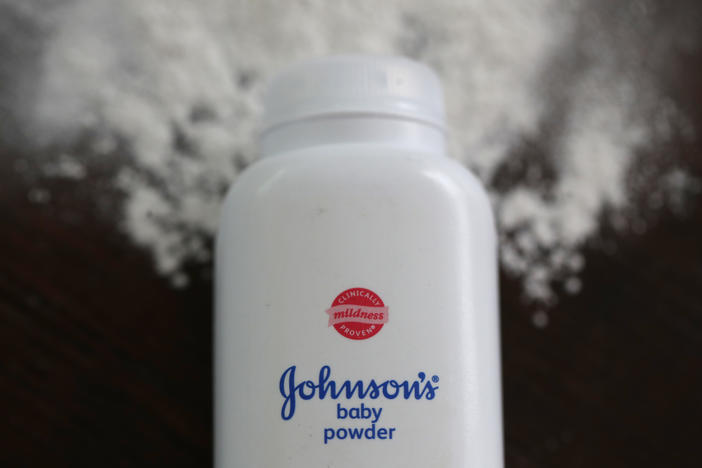 In this photo illustration, a container of Johnson's baby powder sits on a table in 2019.