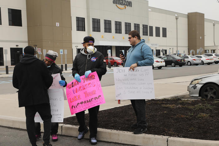 Amazon workers hold a walkout over conditions at a Staten Island warehouse in March 2020.