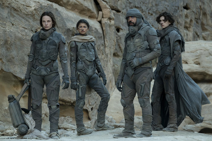 Rebecca Ferguson as Lady Jessica Atreides, Zendaya as Chani, Javier Bardem as Stilgar, and Timothée Chalamet as Paul Atreides