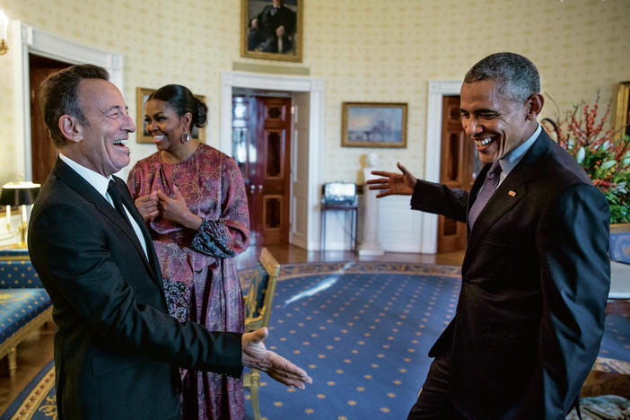 Bruce Springsteen, Michelle Obama and Barack Obama in the Blue Room before the Presidential Medal of Freedom ceremony on Nov. 22, 2016. It's one of many photos featured in the <em>Renegades</em> book.