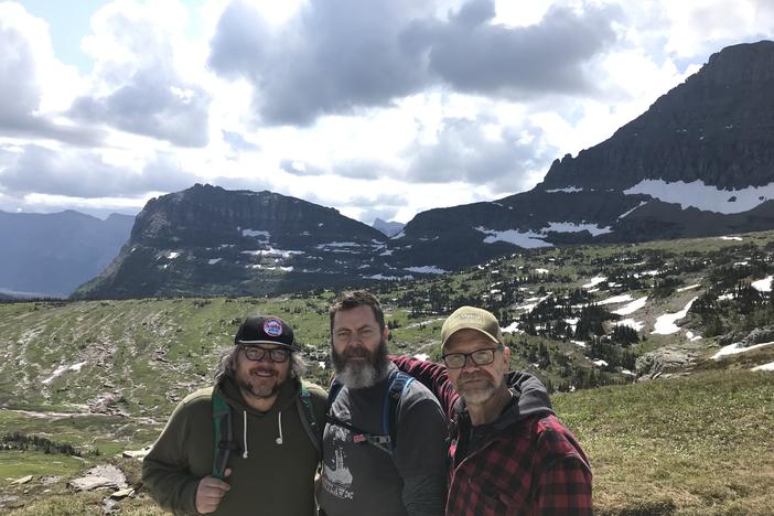 Jeff Tweedy, Nick Offerman and George Saunders at Glacier National Park.