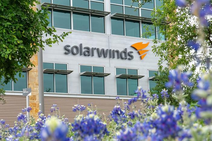 The SolarWinds Corp. logo is seen at the headquarters in Austin, Texas in April.