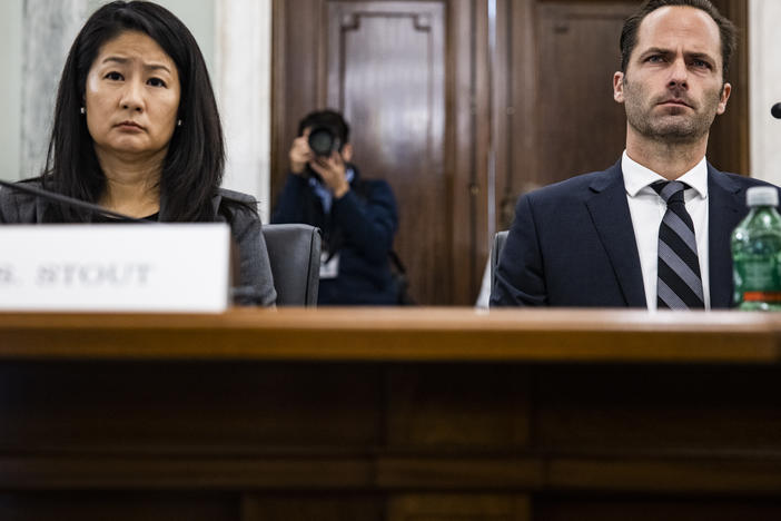 Jennifer Stout , left, vice president of global public policy at Snapchat parent Snap Inc., and Michael Beckerman, vice president and head of public policy at TikTok, testify before a Senate panel on Tuesday.