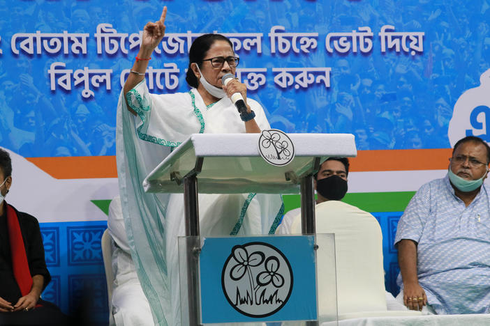 West Bengal Chief Minister Mamata Banerjee speaks during a by-election campaign in Kolkata on Sept. 26. Famous for her fiery speeches and welfare programs geared toward women, Banerjee, 66, is beloved in her home state. This year, <em>Time</em> magazine included her in its list of the world's 100 most influential people.