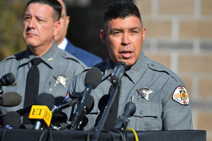 Santa Fe County Sheriff Adan Mendoza speaks during a press briefing Wednesday.
