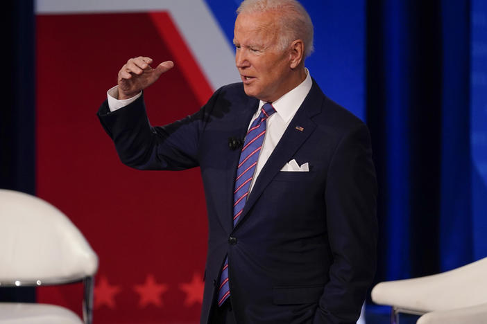 President Biden participates in a CNN town hall at the Baltimore Center Stage Pearlstone Theater, on Oct. 21. When asked whether the U.S. would protect Taiwan if China attacked, he said the U.S. has a "commitment" to do so.