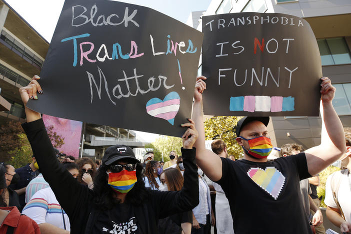 Protesters during an Oct. 20 walkout by Netflix employees, activists, public figures and supporters.