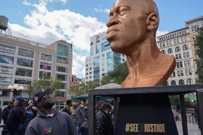 The immersive art organization, Confront Art in collaboration with the NYC Parks, unveils the SEENINJUSTICE exhibit, featuring three sculptures by Chris Carnabucci: George Floyd, Breonna Taylor and John Lewis, at Union Square Park in New York, on Sept. 30. Authorities arrested a suspect in connection with vandalism of the statue several days later.