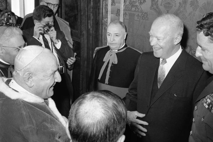 Pope John XXIII with President Dwight D. Eisenhower, who stands at left, during an audience granted in the pontiff's private library in the Vatican Palace on Dec. 6, 1959. Eisenhower was the second U.S. president to meet the pope.