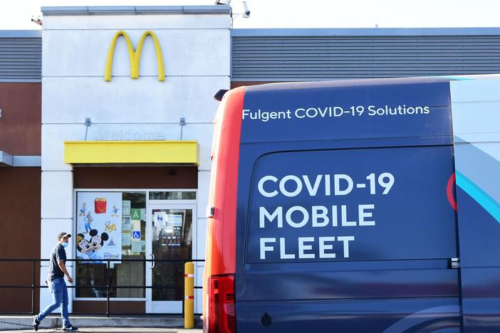 A van from a COVID-19 vaccine mobile clinic hosted by McDonald's and the California Department of Public Health in September in Los Angeles.