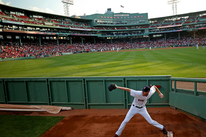 Chris Sale of the Boston Red Sox warms up in the bullpen before a game against the Cleveland Indians at Fenway Park on Aug. 1, 2017.