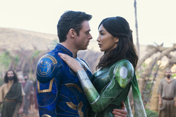Ikaris (Richard Madden) and Sersi (Gemma Chan) in <em>Eternals</em>.