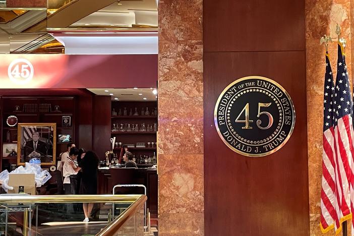 Trump Tower's new wine and whiskey bar, 45, includes enormous pictures of the former president, in and around the White House.