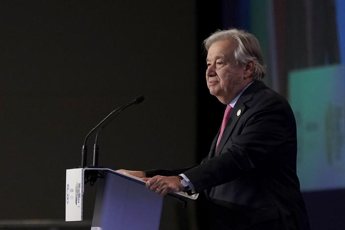 U.N. Secretary-General António Guterres speaks during the opening ceremony of the COP26 U.N. Climate Summit in Glasgow, Scotland, on Monday.