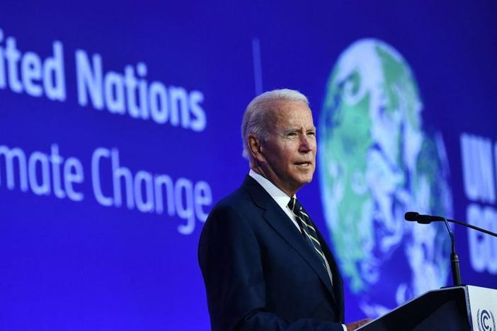 President Biden delivers a speech during the COP26 United Nations Climate Change Conference in Glasgow, Scotland, on Monday.
