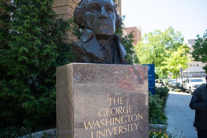 A sign on the campus of George Washington University in Washington, D.C., where a Torah belonging to an on-campus fraternity was vandalized in what officials are calling an antisemitic attack.