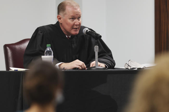Judge Timothy Walmsley presides over the jury selection process in the trial of the men charged with killing Ahmaud Arbery at the Glynn County Superior Court, on October 27, 2021 in Brunswick, Ga.